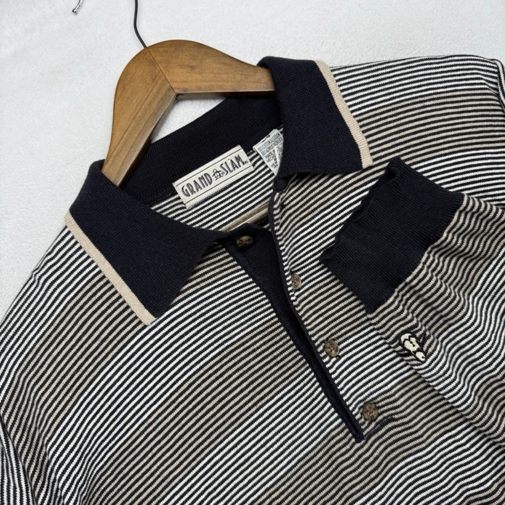 Vintage Grand Slam Polo Shirt Men's Large Black Striped Knit Tennis Golf 90s